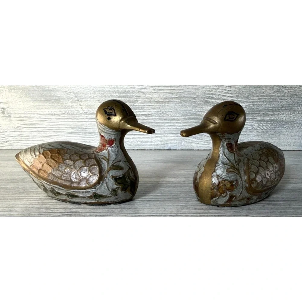 Vintage Pair Brass Enamel Duck Figurine Small Paperweight Patina & Wear 1970's
